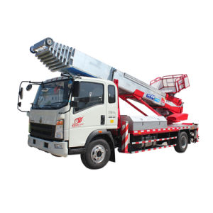 Camión de escalera telescópica montado en camión HOWO para elevar y descargar productos de construcción de viviendas (Escalera de plataforma aérea hidráulica móvil de 28 m para muebles de la casa)
